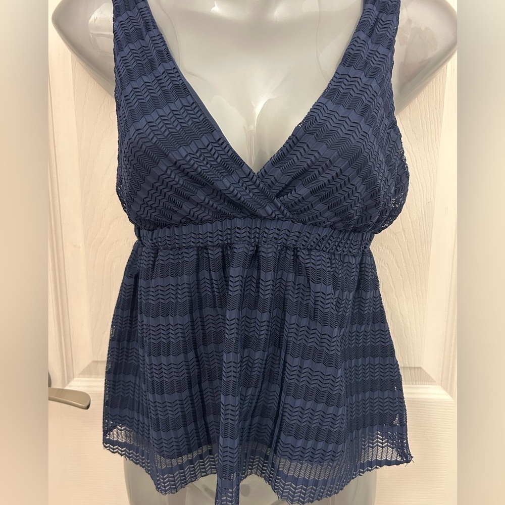 Navy Blue, Lacy Peplum Top with Elastic Waist, Sz S - Picture 3 of 7